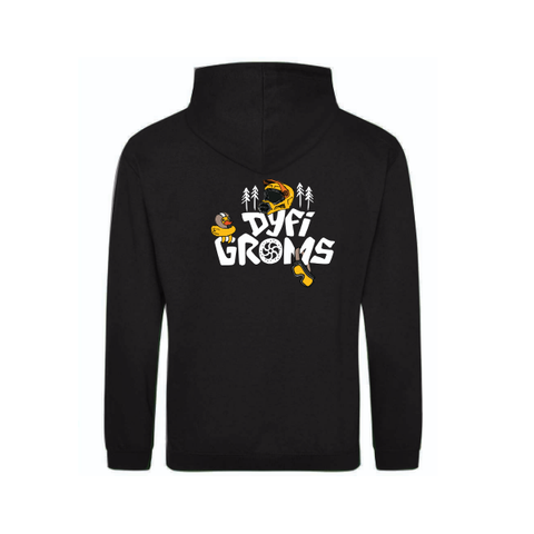 Black hoodie with 'DYFI GROMS' logo on the back against a white background