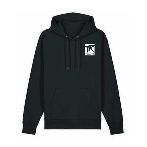 Black hoodie with a logo on the chest against a white background