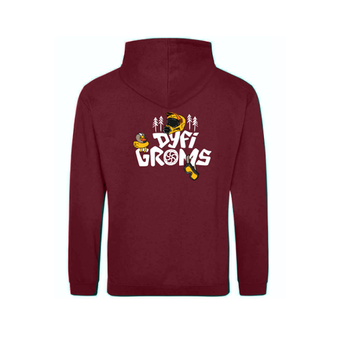 Burgundy hoodie with "Dyfi Groms" logo on the back against a white background 