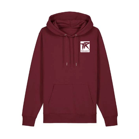 Burgundy hoodie with a logo on the chest against a white background